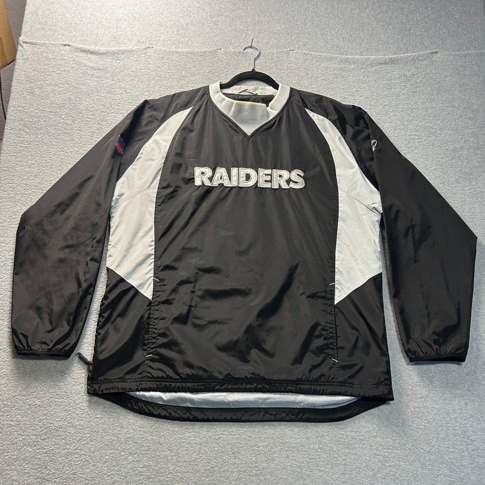 Oakland Raiders NFL Team Apparel Pullover Windbreaker Jacket Mens L Black Silver